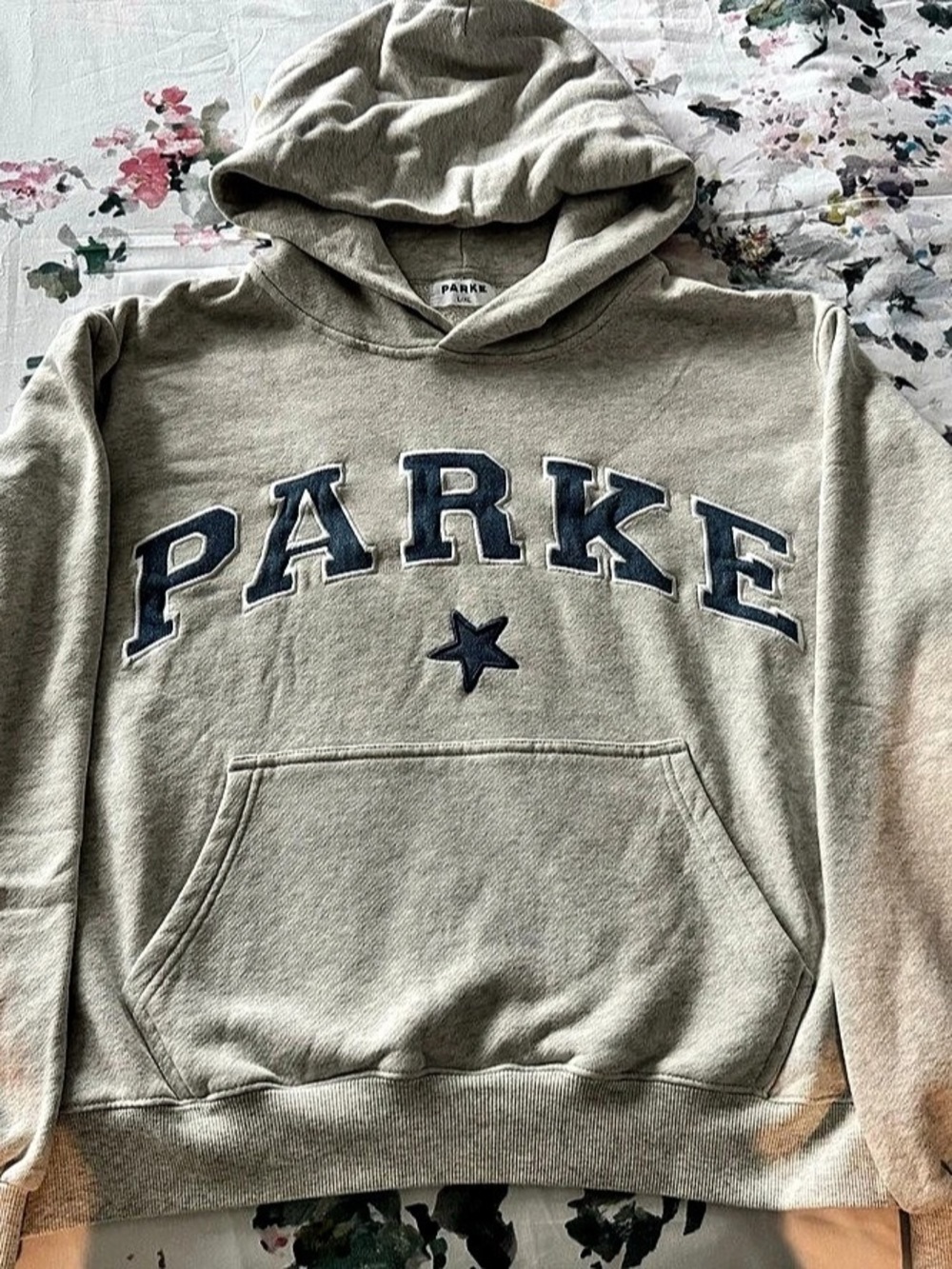 NWOT PARKE Varsity Star Graphic Hoodie Gray L/XL Limited Edition Sold Out